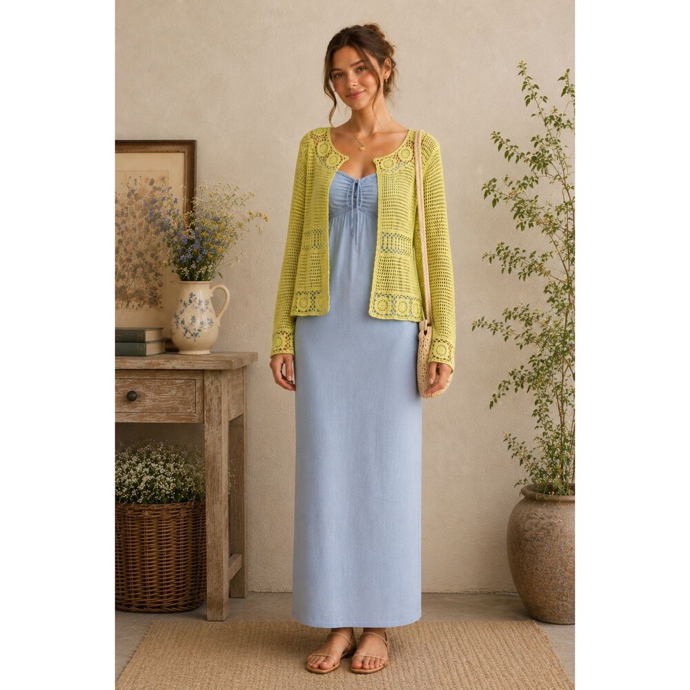 Chadwicks Sz XL Yellow Crochet Long Sleeve Cardigan Hook Front Hippie Boho Retro
